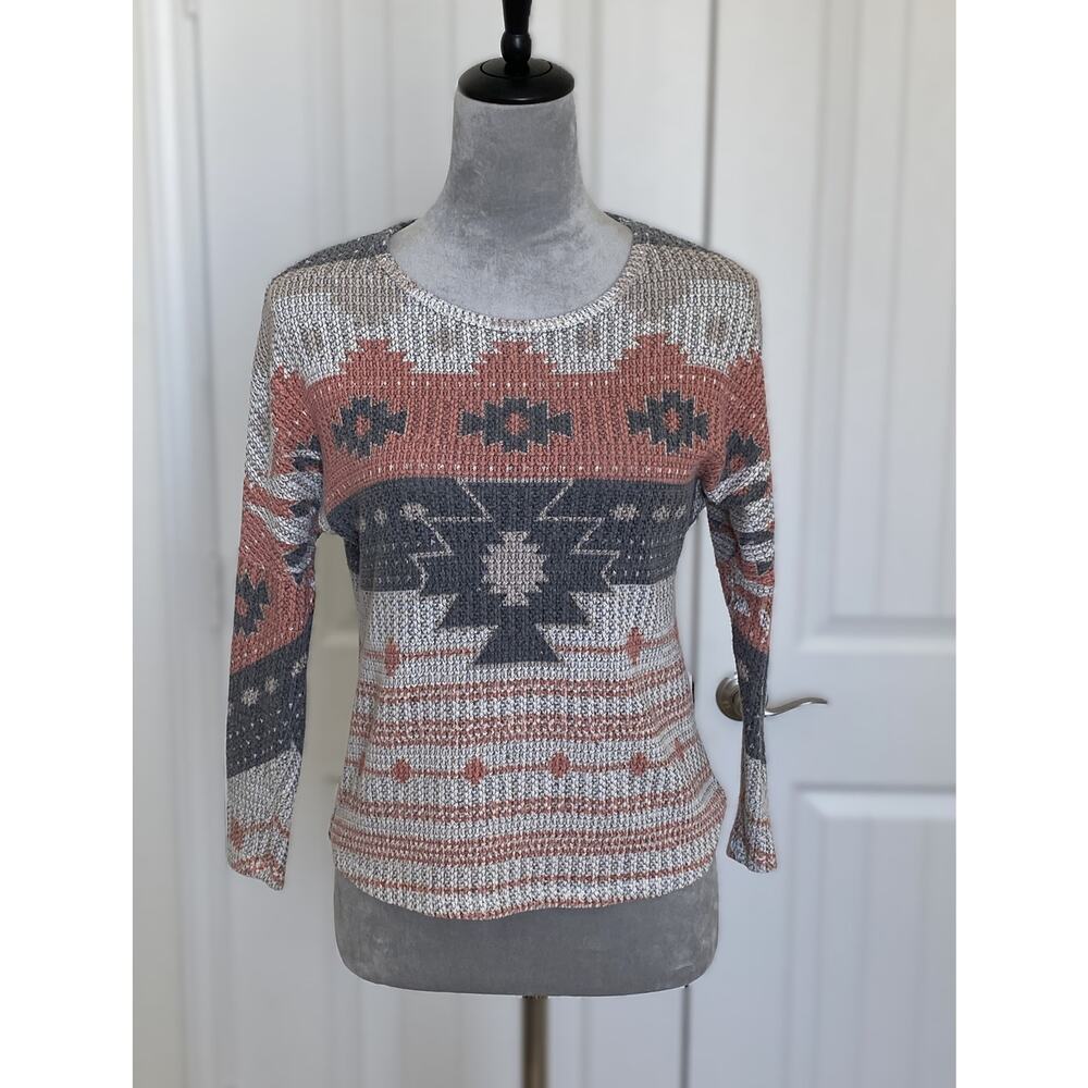 BLUE PLANET Aztec Graphic Pattern 3/4 Sleeve Scoop Neck Top Size M